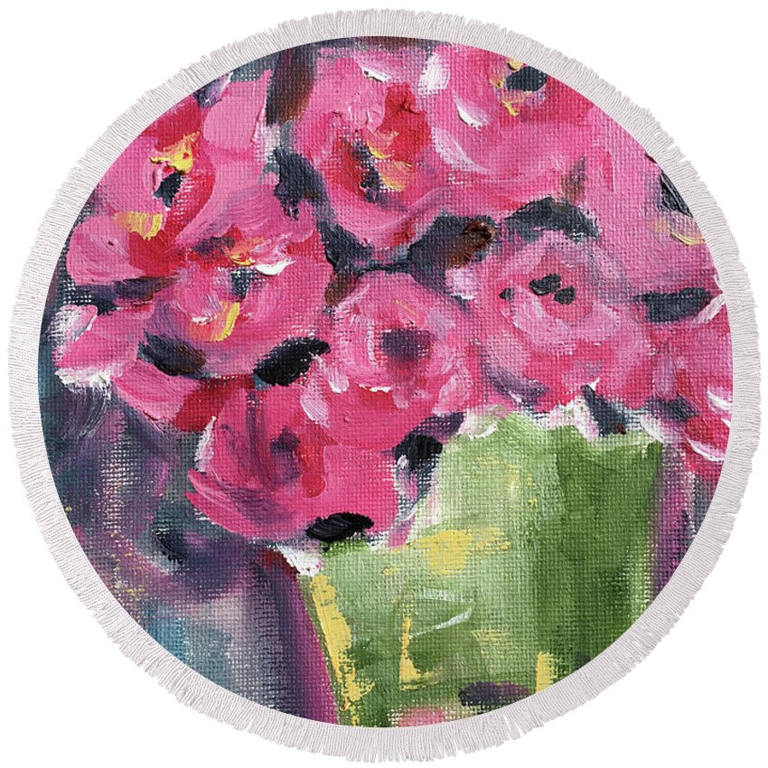 Roses Round Beach Towel featuring the painting Pink Roses in a Green Bucket by Roxy Rich