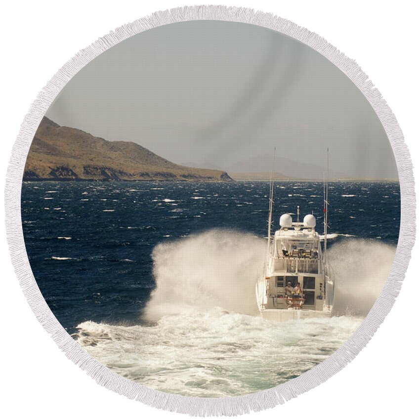 Fishing Boats Round Beach Towel featuring the photograph Returning home #1 by David Shuler
