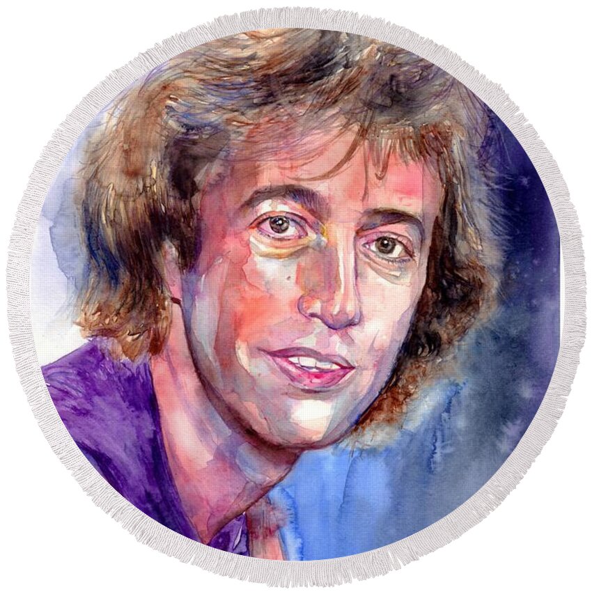 Robin Round Beach Towel featuring the painting Robin Gibb portrait by Suzann Sines