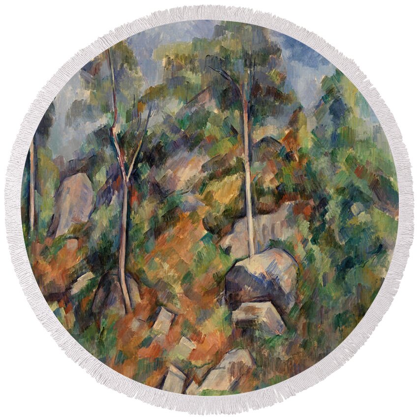 Paul Cezanne Round Beach Towel featuring the painting Rocks and Trees #2 by Paul Cezanne