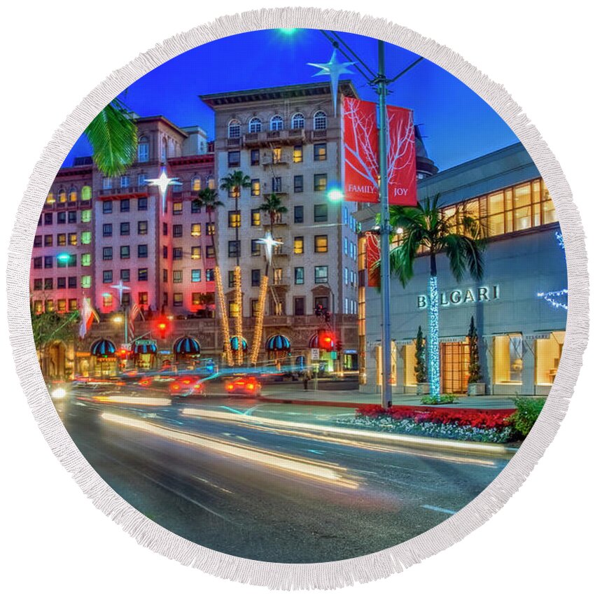 Rodeo Drive Round Beach Towel featuring the photograph Rodeo Drive Beverly Hills Night Lit by David Zanzinger