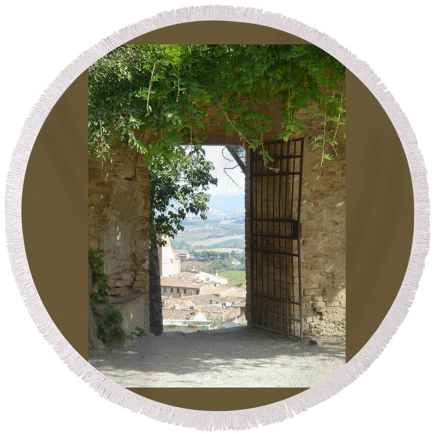 Italy Round Beach Towel featuring the photograph San Gimignano Welcomes You to Tuscany by Patricia Caron