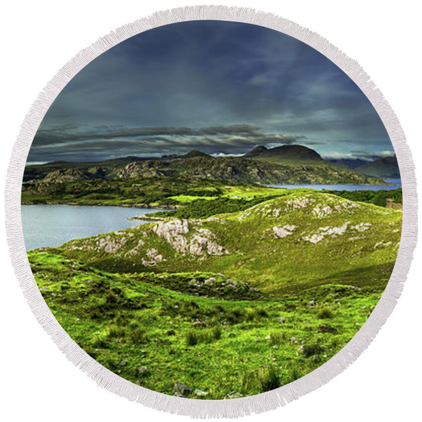 Agriculture Round Beach Towel featuring the photograph Scenic Coastal Landscape With Remote Village Around Loch Torridon And Loch Shieldaig In Scotland #1 by Andreas Berthold