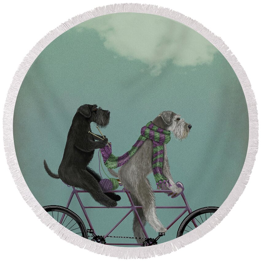 Steampunk Round Beach Towel featuring the painting Schnauzer Tandem #1 by Fab Funky