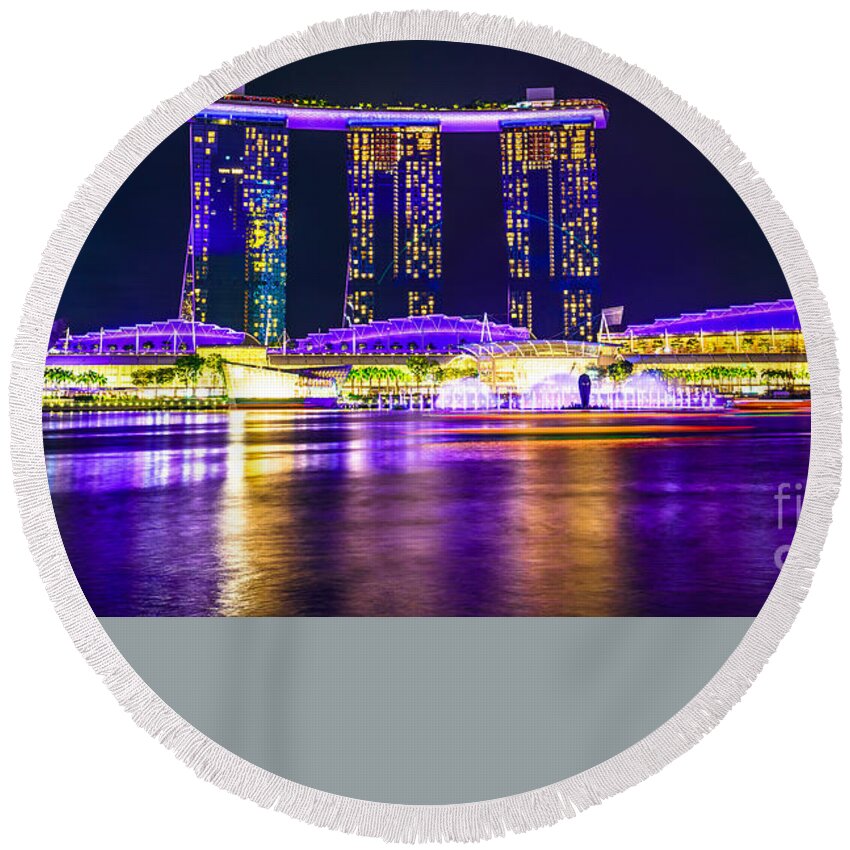 Singapore Round Beach Towel featuring the photograph Singapore waterfront by night #1 by Benny Marty