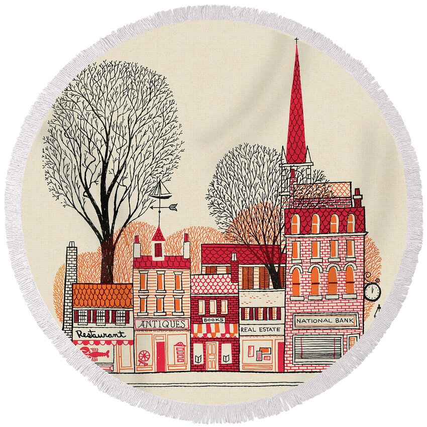 Architecture Round Beach Towel featuring the drawing Small Town Street #1 by CSA Images