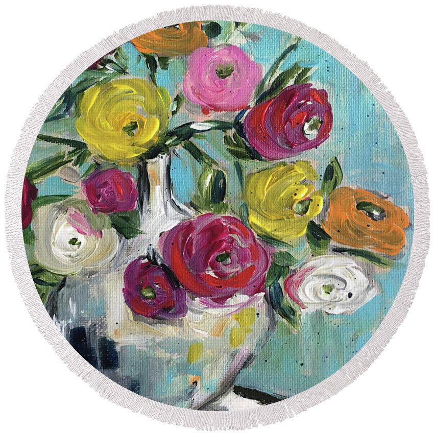 Ranunculas Round Beach Towel featuring the painting Smiling Ranunculas by Roxy Rich