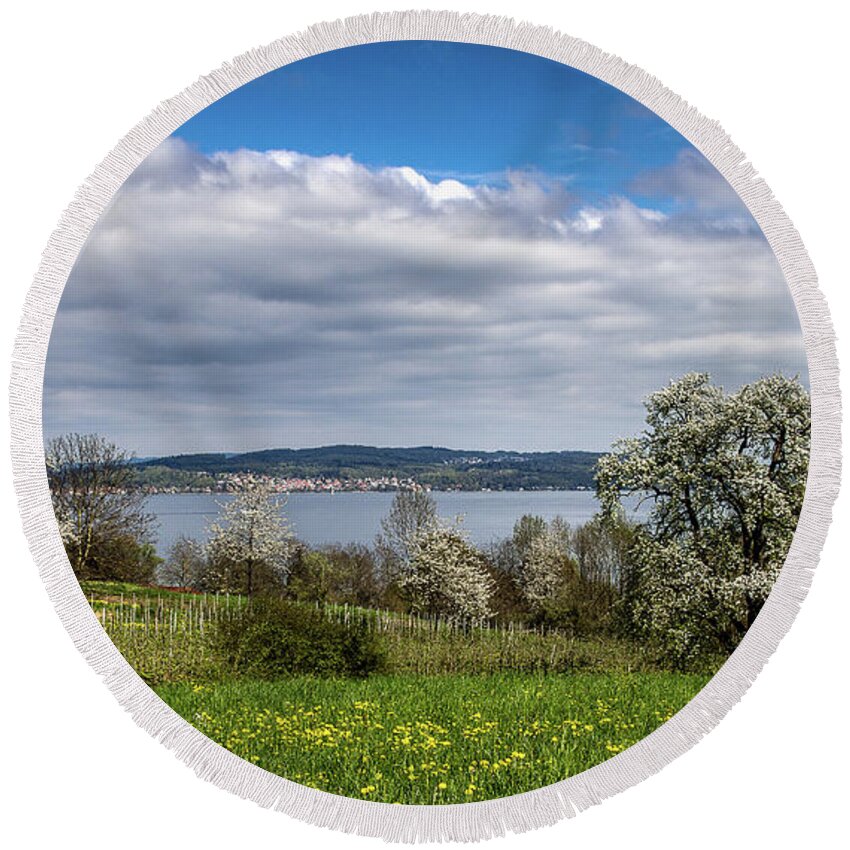Hegau Round Beach Towel featuring the photograph Spring on Lake Constance #4 by Bernd Laeschke