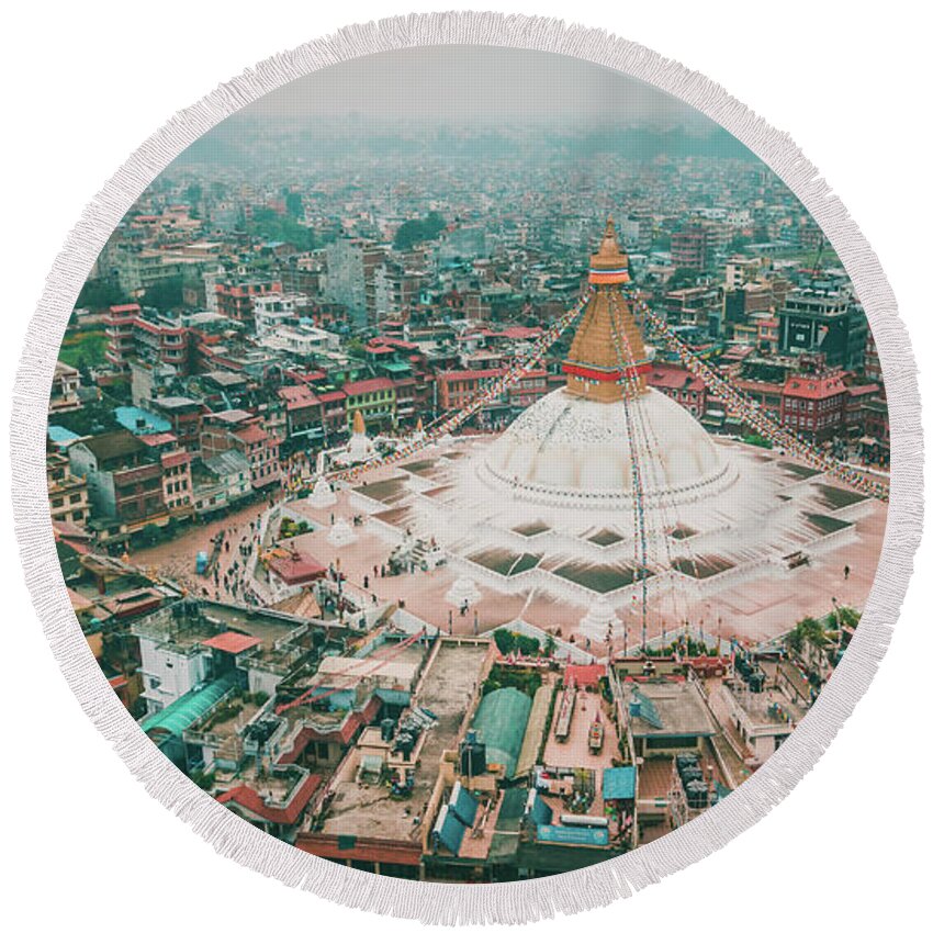 Buddhist Round Beach Towel featuring the photograph Stupa temple Bodhnath Kathmandu, Nepal from air October 12 2018 #1 by Raimond Klavins