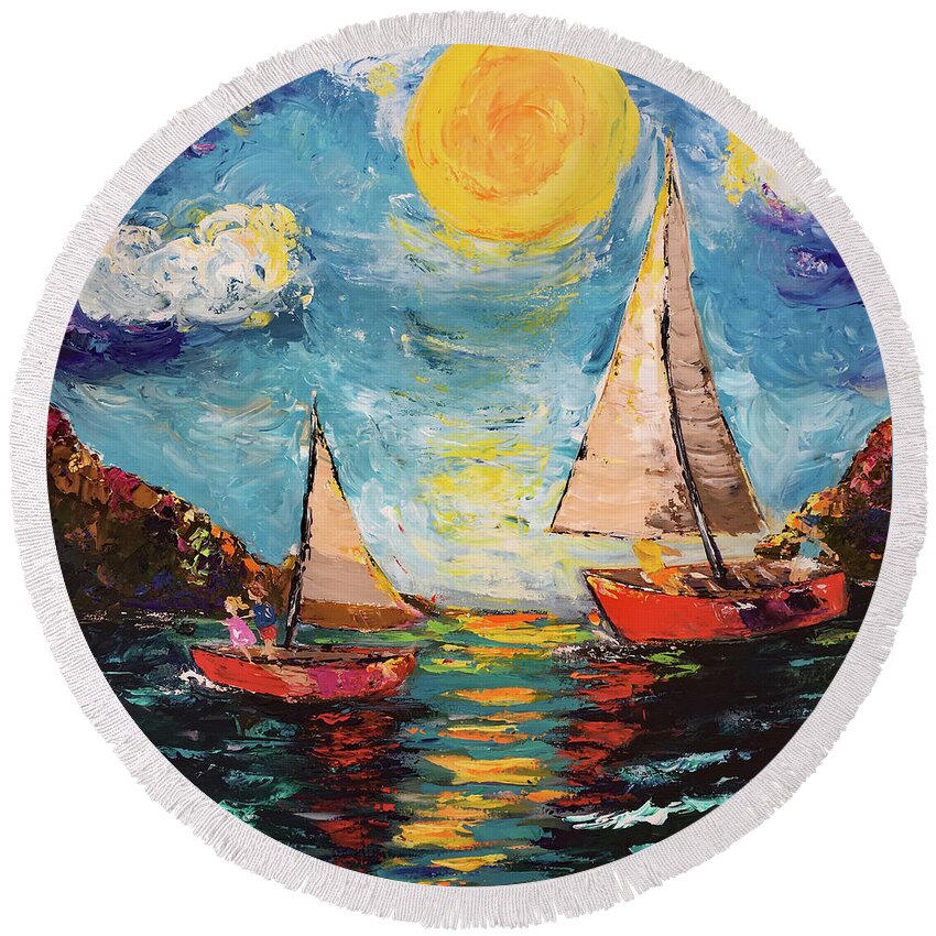 Sailing Round Beach Towel featuring the painting Sunny Sails #1 by Roxy Rich
