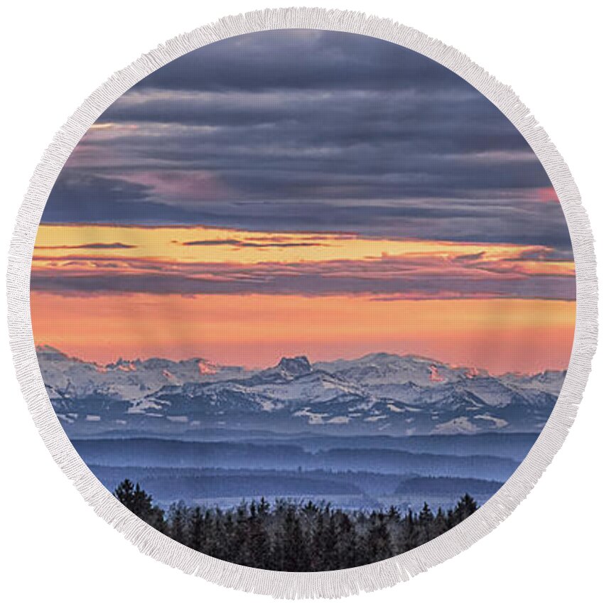 Alps Round Beach Towel featuring the photograph Sunset over the Alps #1 by Bernd Laeschke