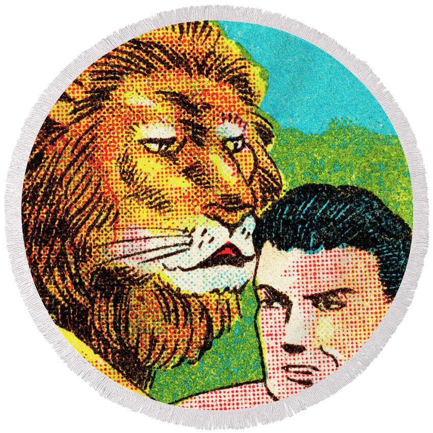 Adult Round Beach Towel featuring the drawing Tarzan and lion #1 by CSA Images