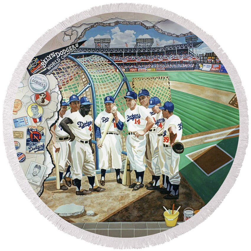 Baseball Round Beach Towel featuring the painting The Brooklyn Dodgers in Ebbets Field #1 by Bonnie Siracusa