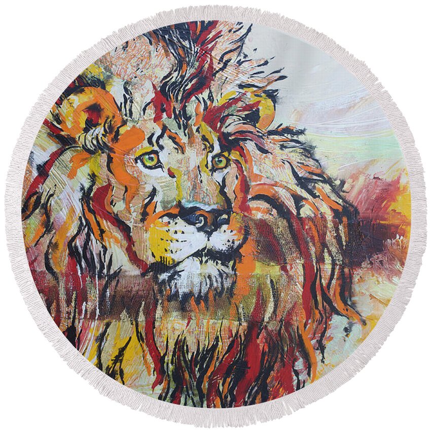 Lion Round Beach Towel featuring the painting The King by Jyotika Shroff