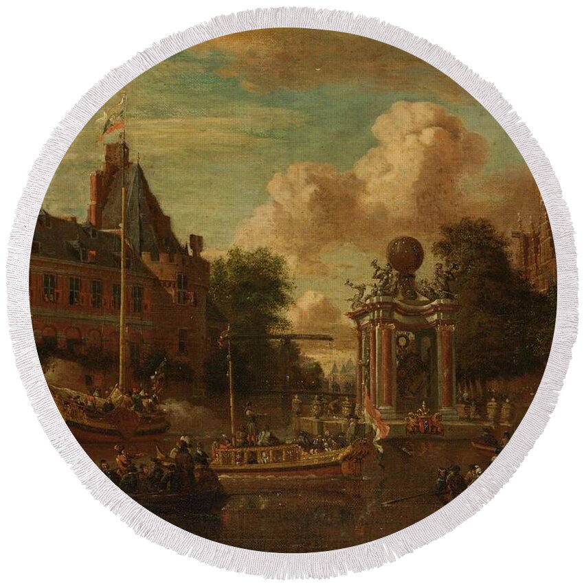 Abraham Storck Round Beach Towel featuring the painting The Muscovite legation visiting Amsterdam, 29 August 1697. #1 by Abraham Storck
