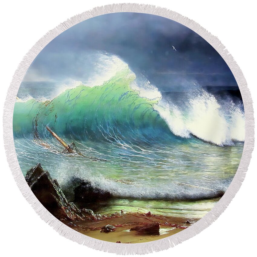 Albert Bierstadt Round Beach Towel featuring the photograph The Shore of the Turquoise Sea #1 by Albert Bierstadt