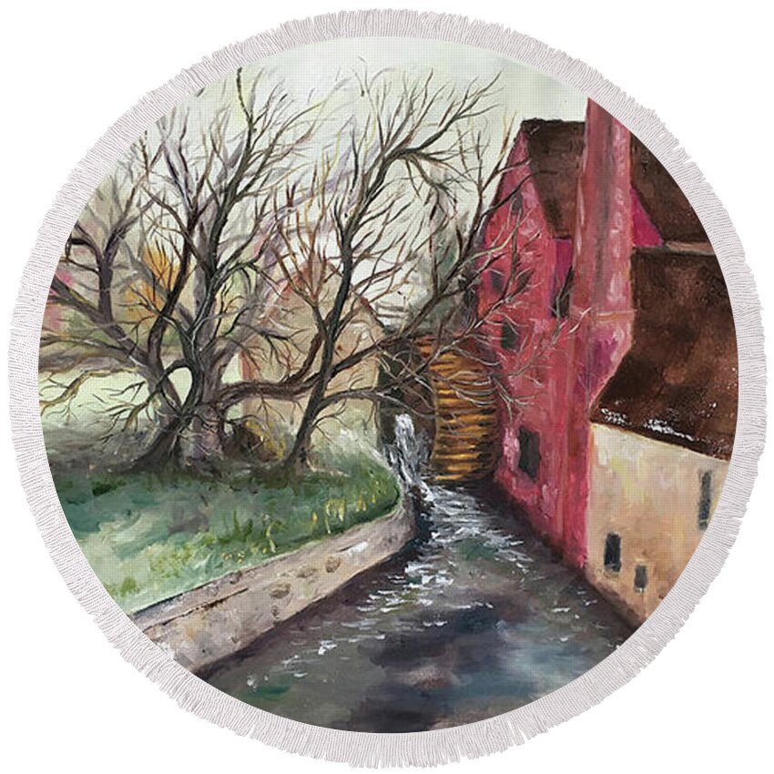 Castle Combe Round Beach Towel featuring the painting The Water Wheel #2 by Roxy Rich