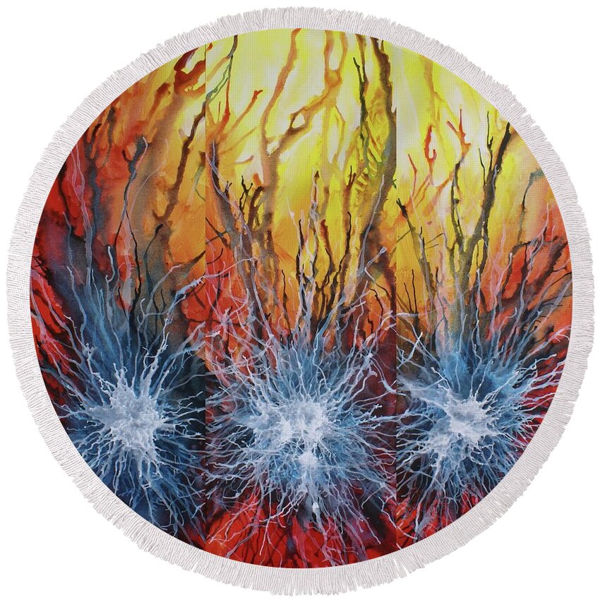 Abstract Round Beach Towel featuring the painting Trilogy by Michael Lang