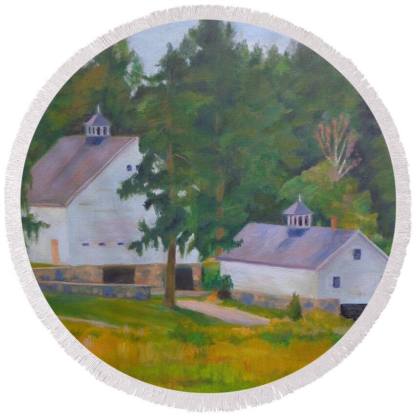 Barns Round Beach Towel featuring the painting Two Country Barns #1 by Maureen Obey