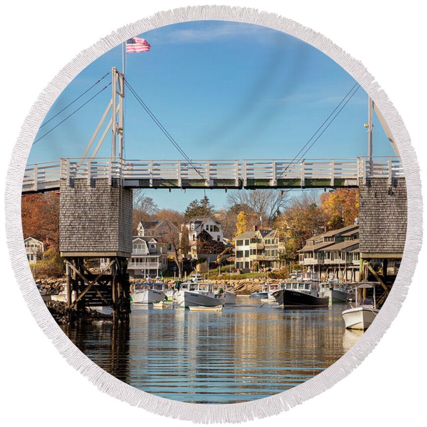 Estock Round Beach Towel featuring the digital art Usa, Maine, Ogunquit, Perkins Cove And Footbridge #1 by Andres Uribe
