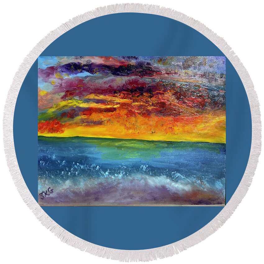 Vibrant Round Beach Towel featuring the painting Vibrant Sunset by Susan Grunin