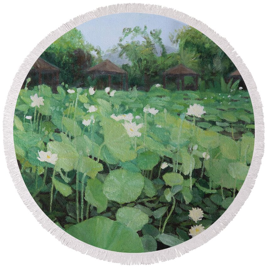 Flower Round Beach Towel featuring the painting Waterlily #2 by Masami IIDA