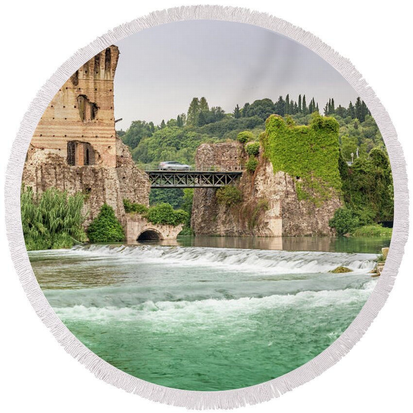 Borghetto Round Beach Towel featuring the photograph Waters and ancient buildings of Italian medieval village #1 by Vivida Photo PC