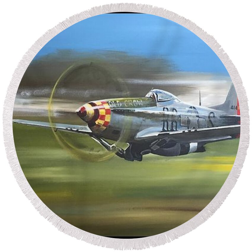 P51 Round Beach Towel featuring the painting Wheels Up #1 by Terence R Rogers