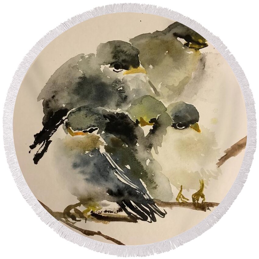 A Group Of Resting Birds Cuddling Together Round Beach Towel featuring the painting 1062019 by Han in Huang wong
