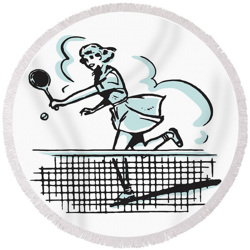 Action Round Beach Towel featuring the drawing Woman Playing Tennis #11 by CSA Images
