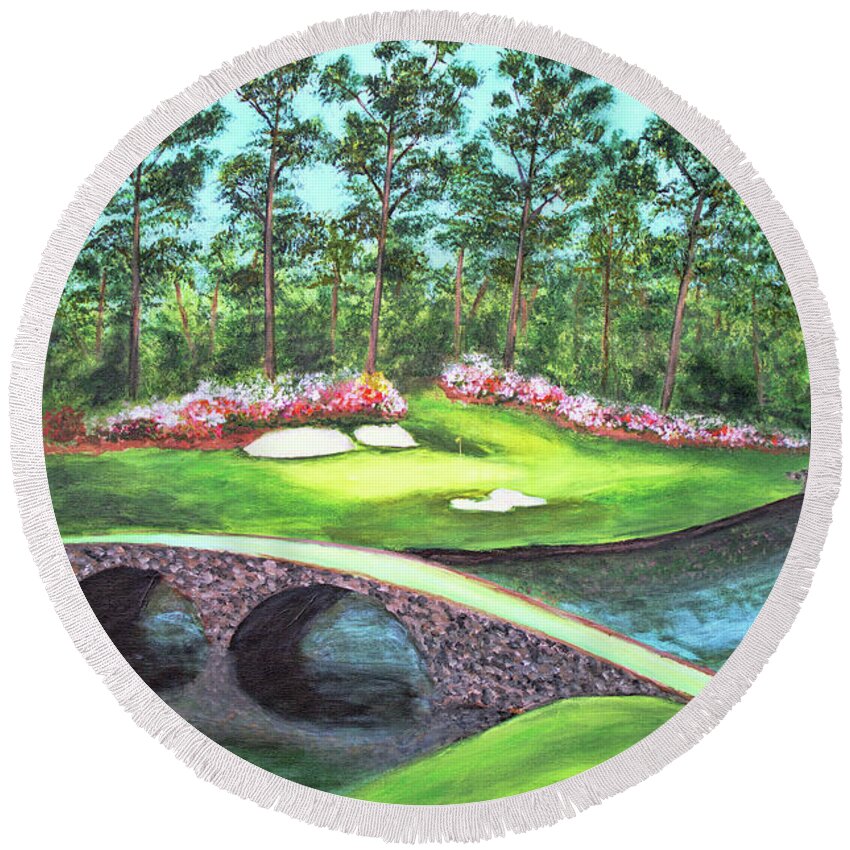 Ken Figurski Round Beach Towel featuring the painting 12th Hole At Augusta National by Ken Figurski