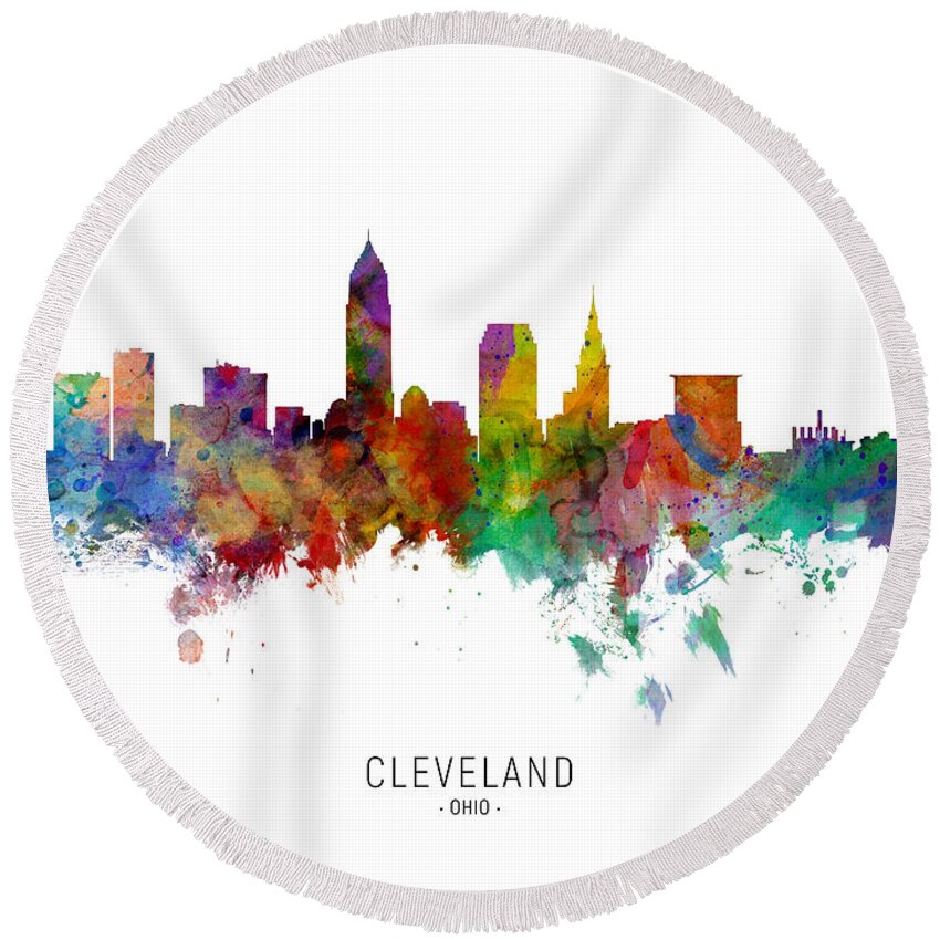 Cleveland Round Beach Towel featuring the digital art Cleveland Ohio Skyline #17 by Michael Tompsett
