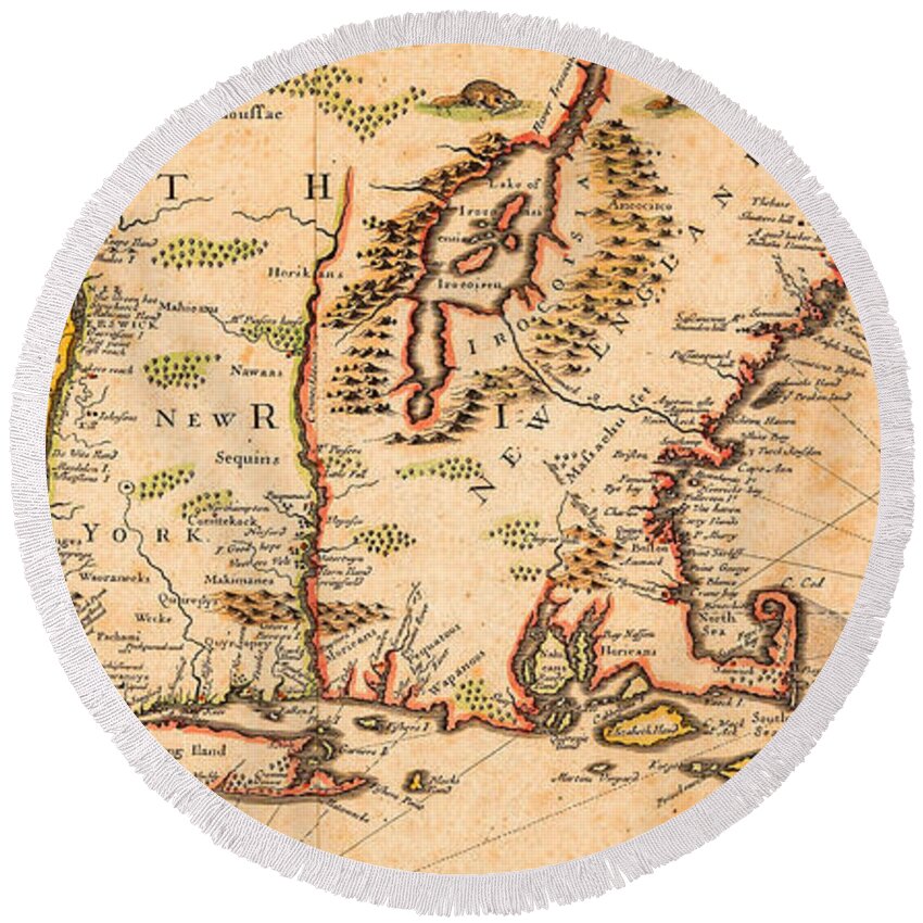 Colonial Round Beach Towel featuring the painting 17th Century Colonial Map of New England and New York with Native American Settlements by Peter Ogden