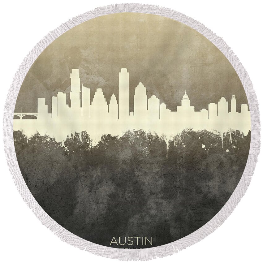Austin Round Beach Towel featuring the digital art Austin Texas Skyline #18 by Michael Tompsett