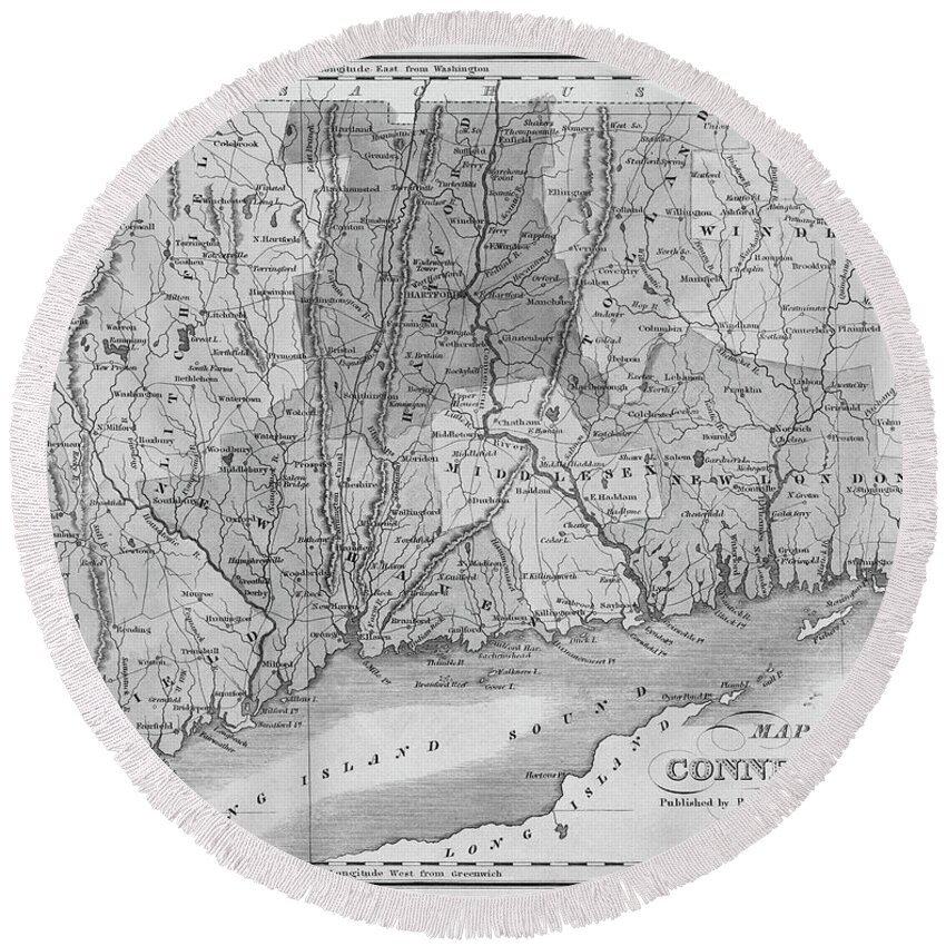 Connecticut Round Beach Towel featuring the photograph 1835 Map of Connecticut and Long Island Sound Historical Map Black and White by Toby McGuire