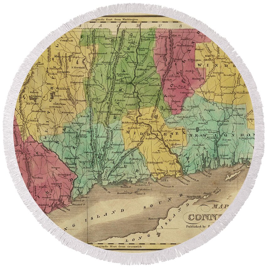 Connecticut Round Beach Towel featuring the digital art 1835 Map of Connecticut and Long Island Sound Historical Map by Toby McGuire