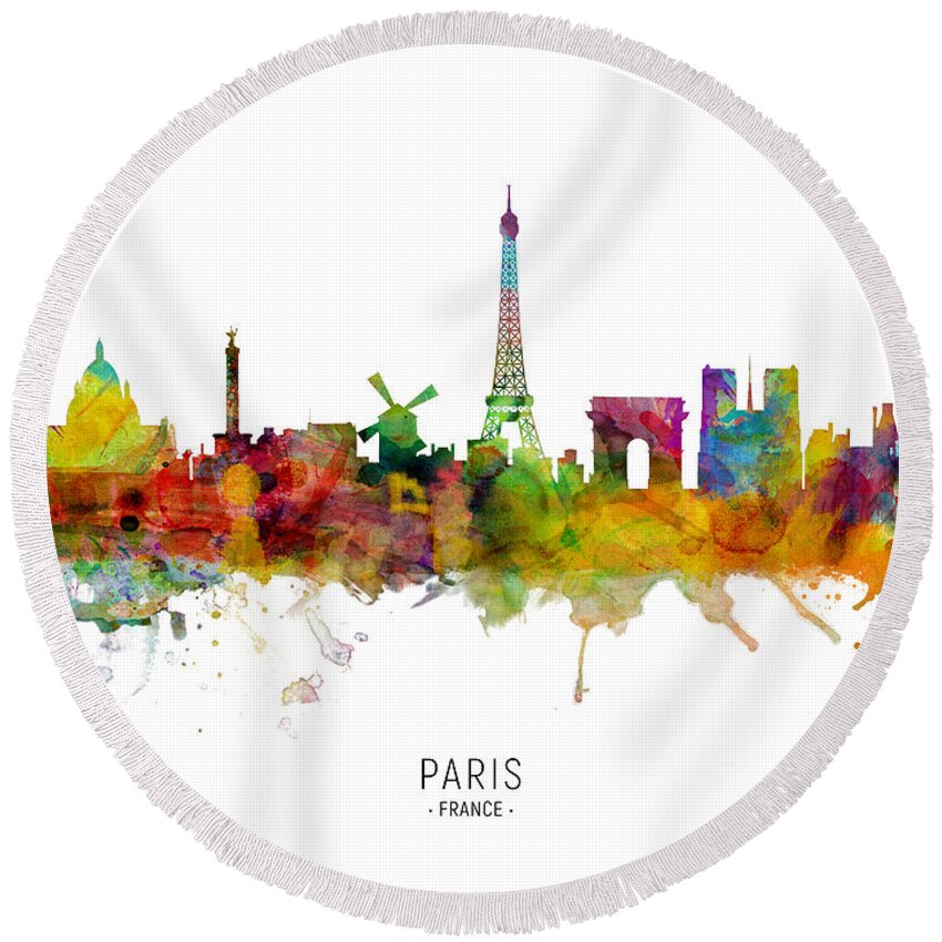 Paris Round Beach Towel featuring the digital art Paris France Skyline by Michael Tompsett