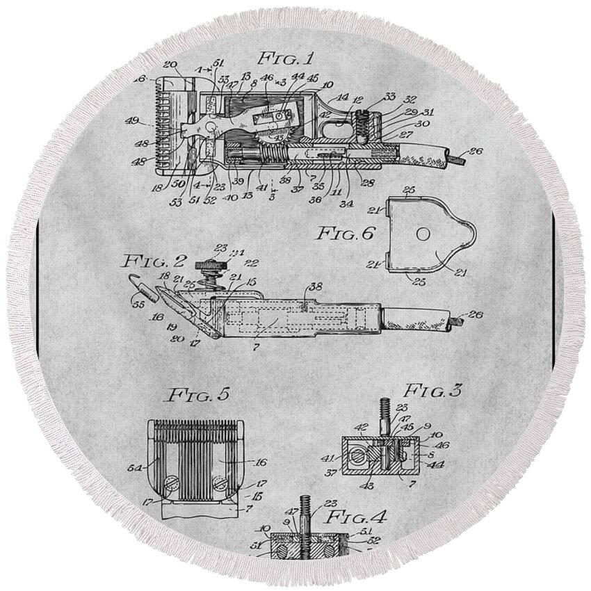 1919 Motor Driven Hair Clipper Patent Print Round Beach Towel featuring the drawing 1919 Motor Driven Hair Clipper Gray Patent Print by Greg Edwards