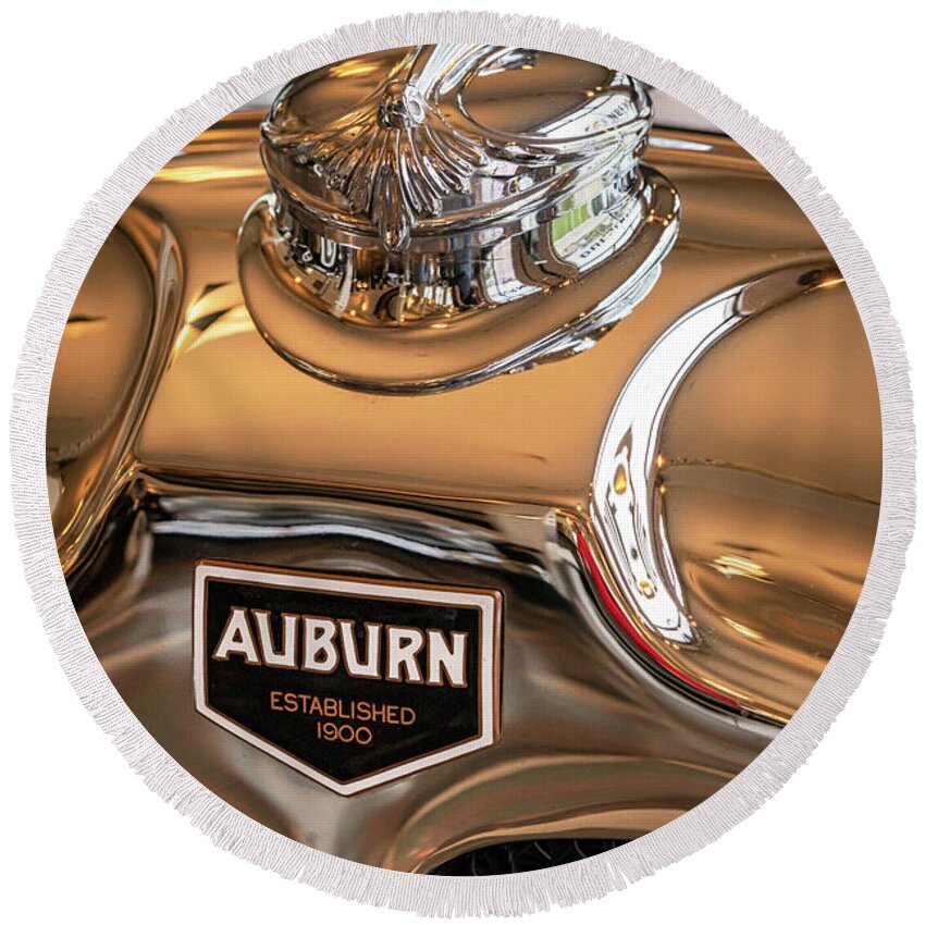 1930 Round Beach Towel featuring the photograph 1930 AUburn Hood Ornament by Dennis Hedberg