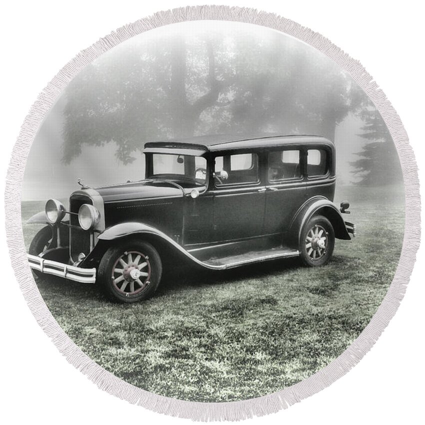  Mixed Art Round Beach Towel featuring the photograph 1930 Bonnie and Clyde Automobile Era by Chuck Kuhn