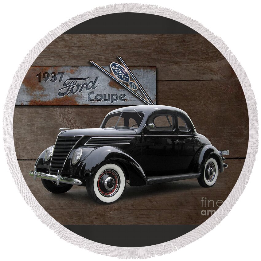 1937 Round Beach Towel featuring the photograph 1937 Ford Coupe on Barnwood by Ron Long