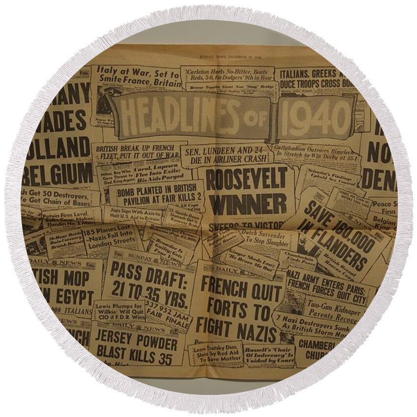 History Round Beach Towel featuring the photograph 1940 Headlines by Marty Klar