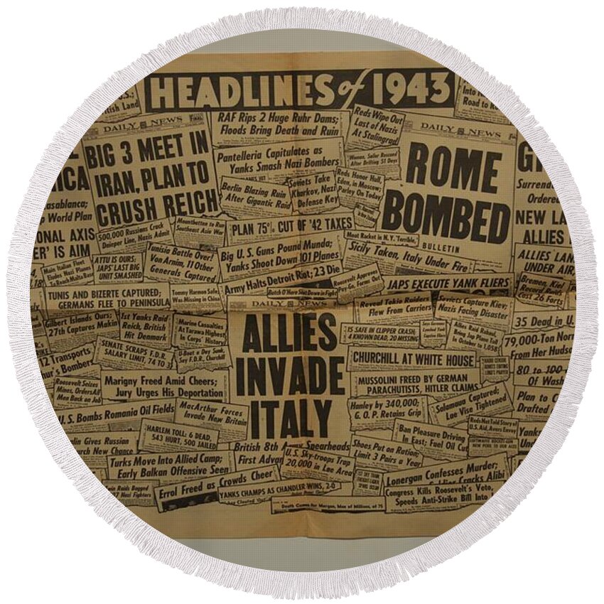 History Round Beach Towel featuring the photograph 1943 Headlines by Marty Klar