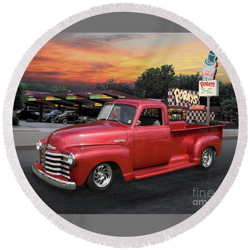 1949 Round Beach Towel featuring the photograph 1949 Chevy Pickup at Porky's Drive-In by Ron Long