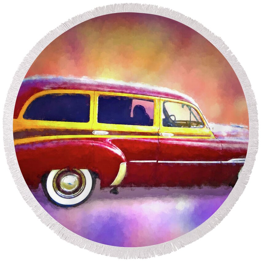 1951 Chevy Woody Round Beach Towel featuring the digital art 1951 Chevy Woody Sideview by Rick Wicker