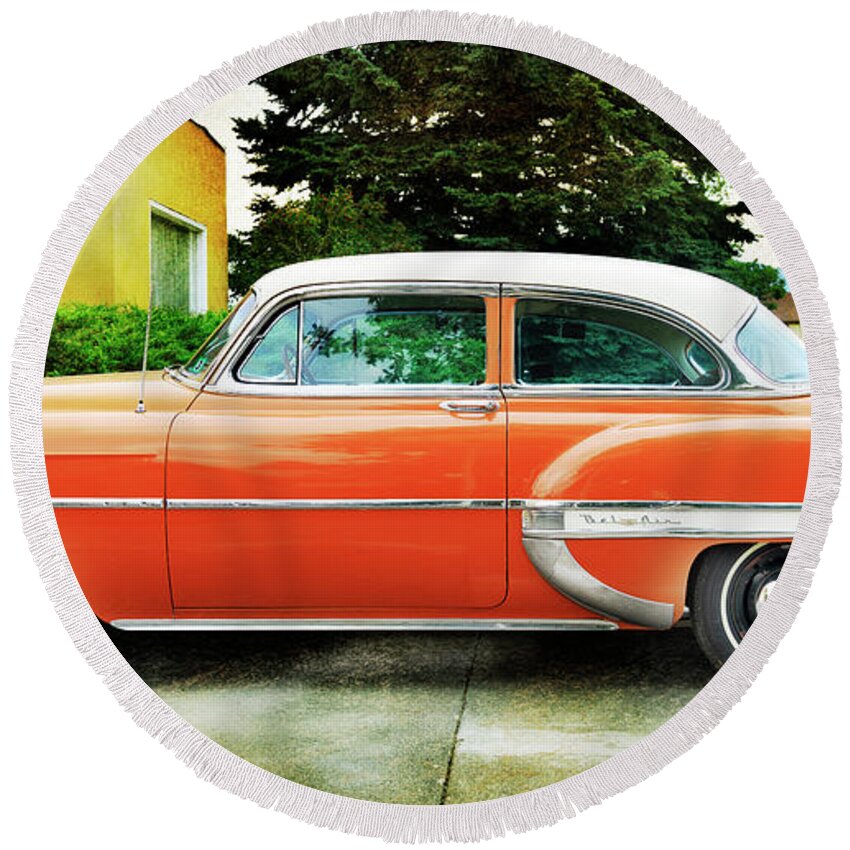 Auto Round Beach Towel featuring the photograph 1954 Belair Chevrolet 2 by Craig J Satterlee