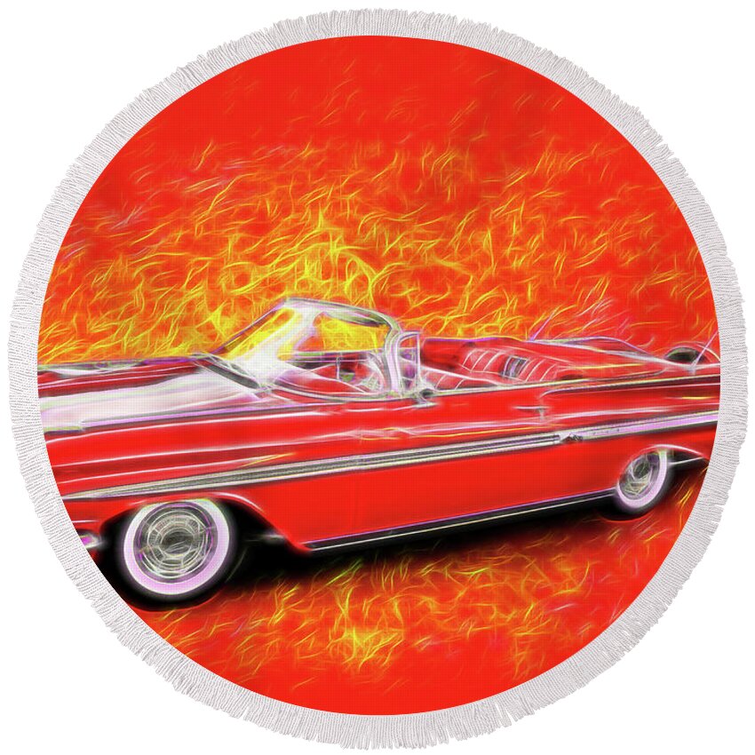 1959 Chevy Convertible Red Round Beach Towel featuring the digital art 1959 Chevy Convertable by Rick Wicker