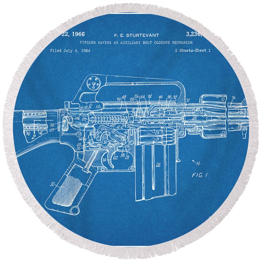 Ar15 Round Beach Towel featuring the drawing 1966 AR15 Assault Rifle Patent Print, M-16, Blueprint by Greg Edwards