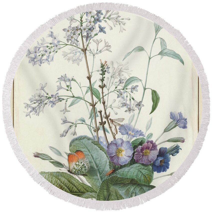 Redoute Round Beach Towel featuring the painting A Bouquet of Flowers with Insects by Pierre-Joseph Redoute