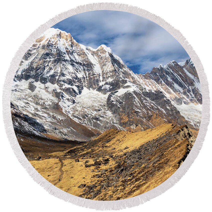 Annapurna Conservation Area Round Beach Towel featuring the photograph Annapurna south peak in Nepal #2 by Didier Marti